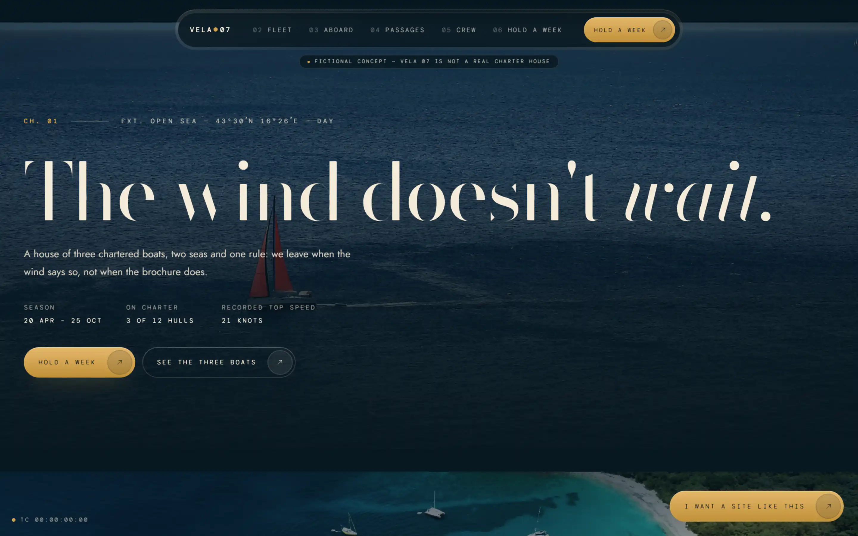 VELA 07 — Sailing charters. Concept site built by Brimmscale.